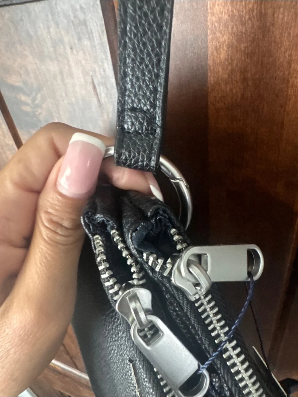 French Connection Black Pebbled Leather Double-Zip Wristlet